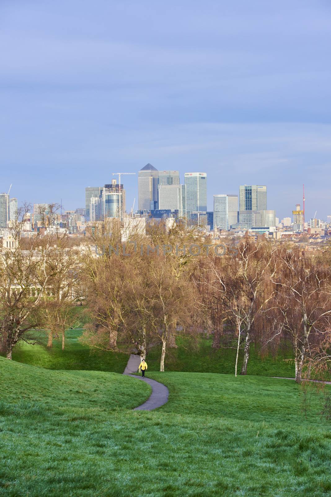LONDON, UK - DECEMBER 28: Detail of Canary Wharf's bank buildings with autumnal Greenwich Park in the foreground. December 28, 2015 in London.