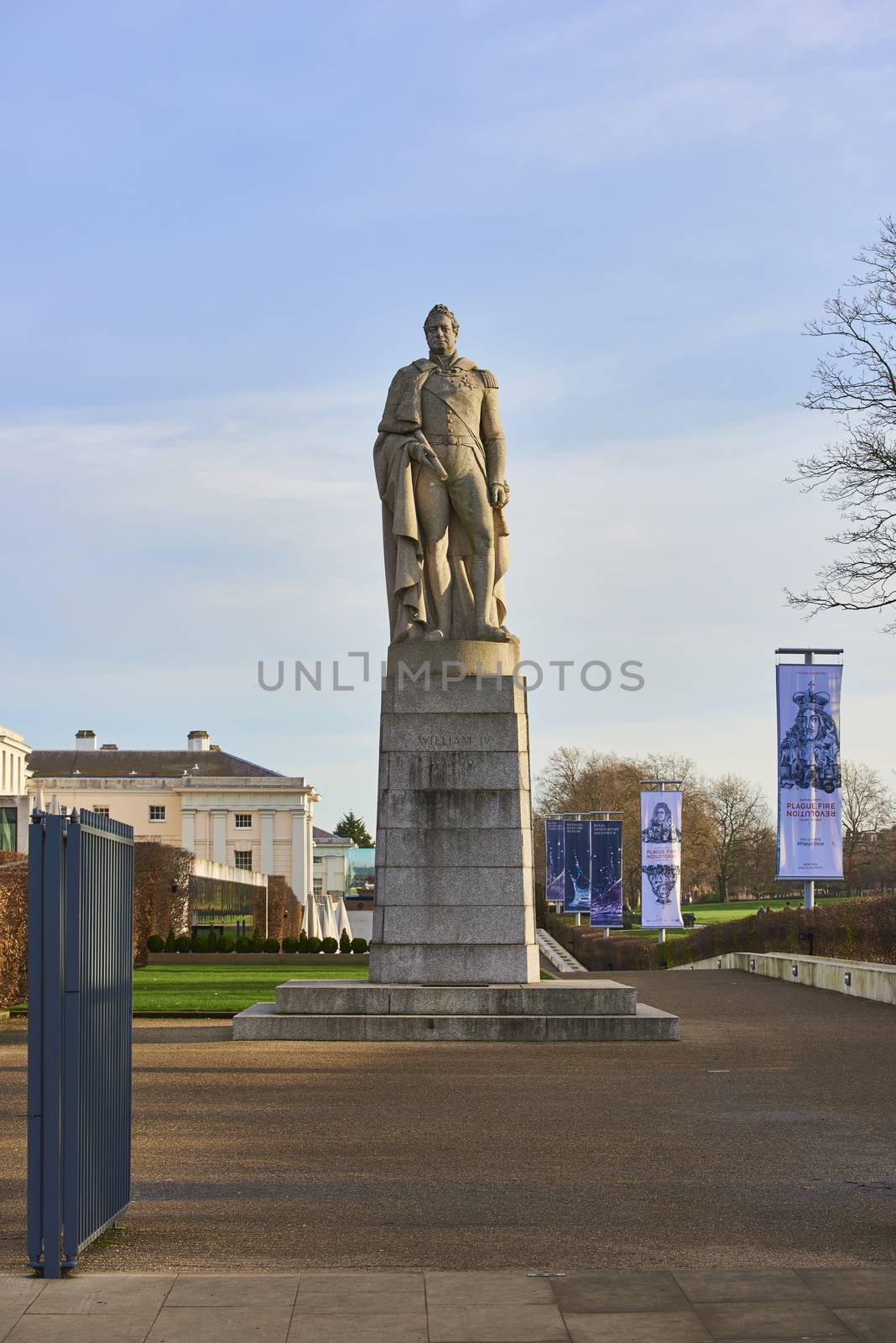LONDON, UK - DECEMBER 28: Statue of King William VI in Greenwich, outside the Royal Maritime Museum. December 28, 2015 in London.