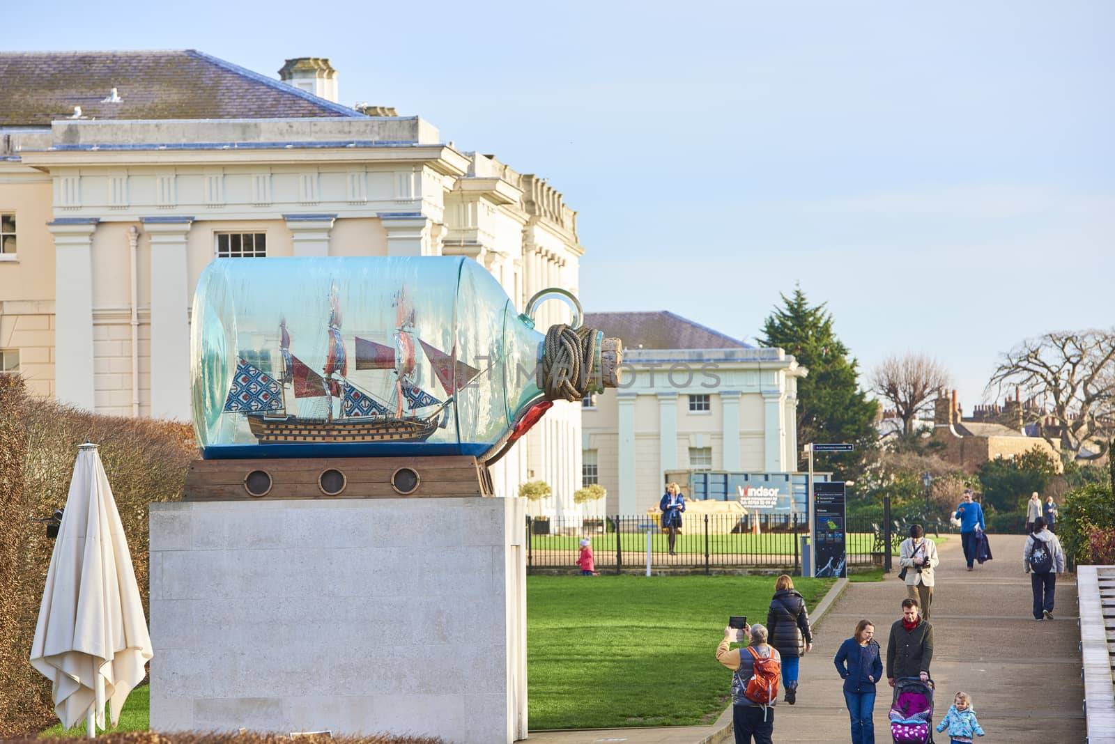 LONDON, UK - DECEMBER 28: Yinka Shonibare's piece entitled Nelson's Ship in a Bottle outside the National Maritime Museum, in Greenwich. December 28, 2015 in London.