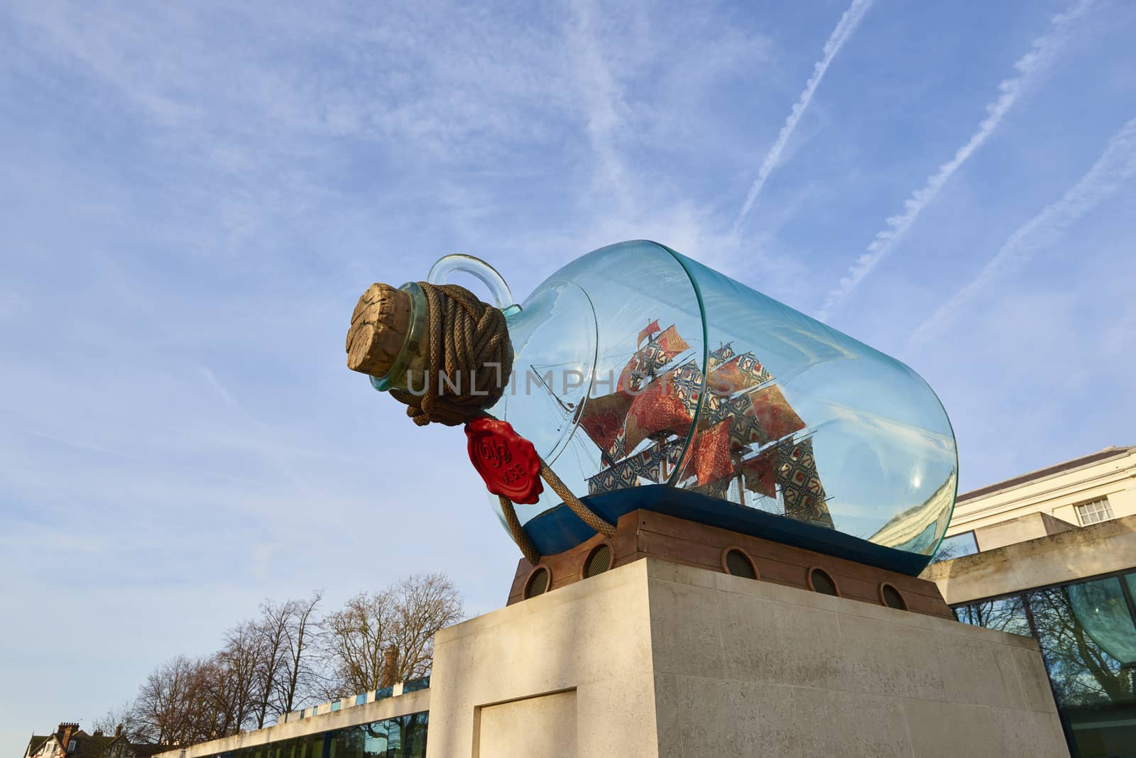 LONDON, UK - DECEMBER 28: Yinka Shonibare's piece entitled Nelson's Ship in a Bottle outside the National Maritime Museum, in Greenwich. December 28, 2015 in London.