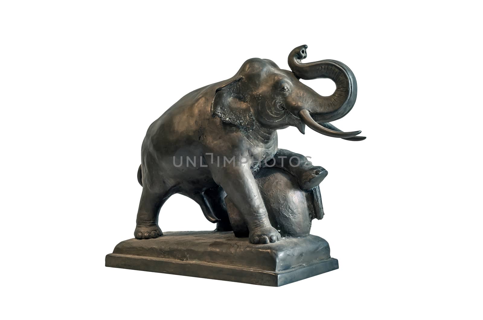 Metal molded elephant figure asia design on white background.