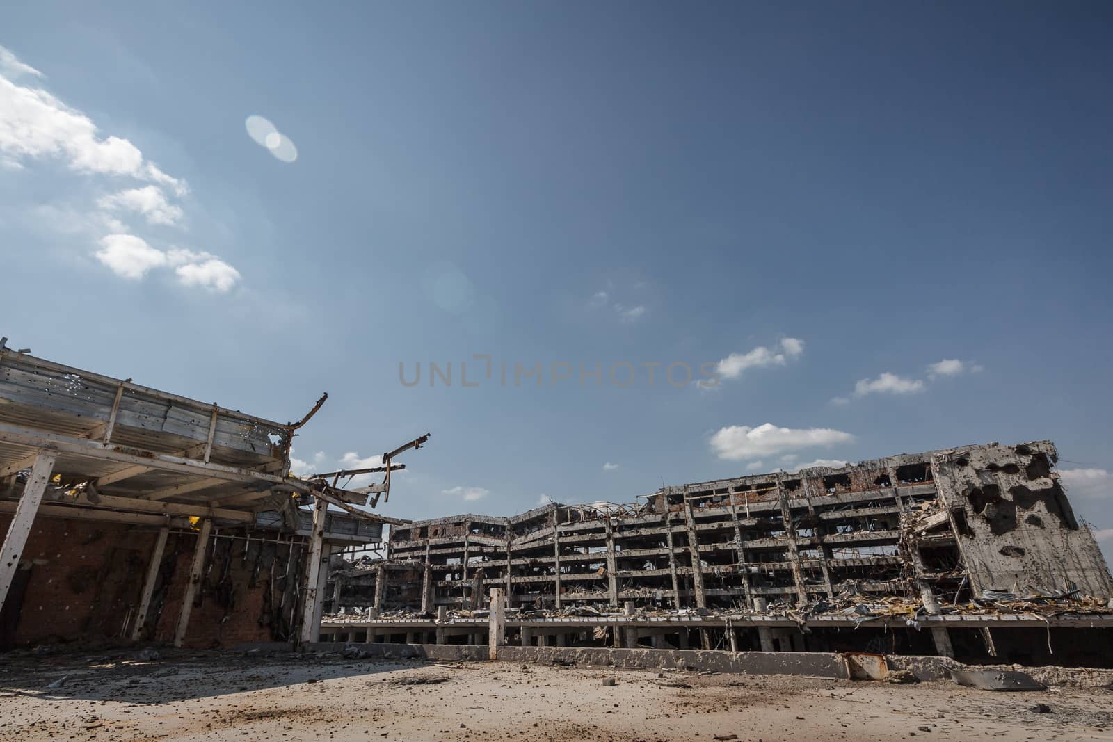 Wide Angle view of donetsk airport ruins after massive artillery shelling