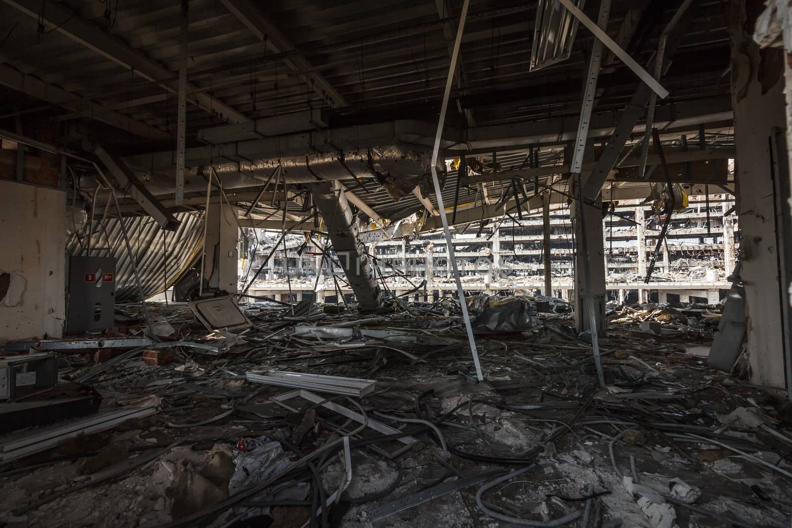 Wide Angle view of donetsk airport ruins after massive artillery shelling