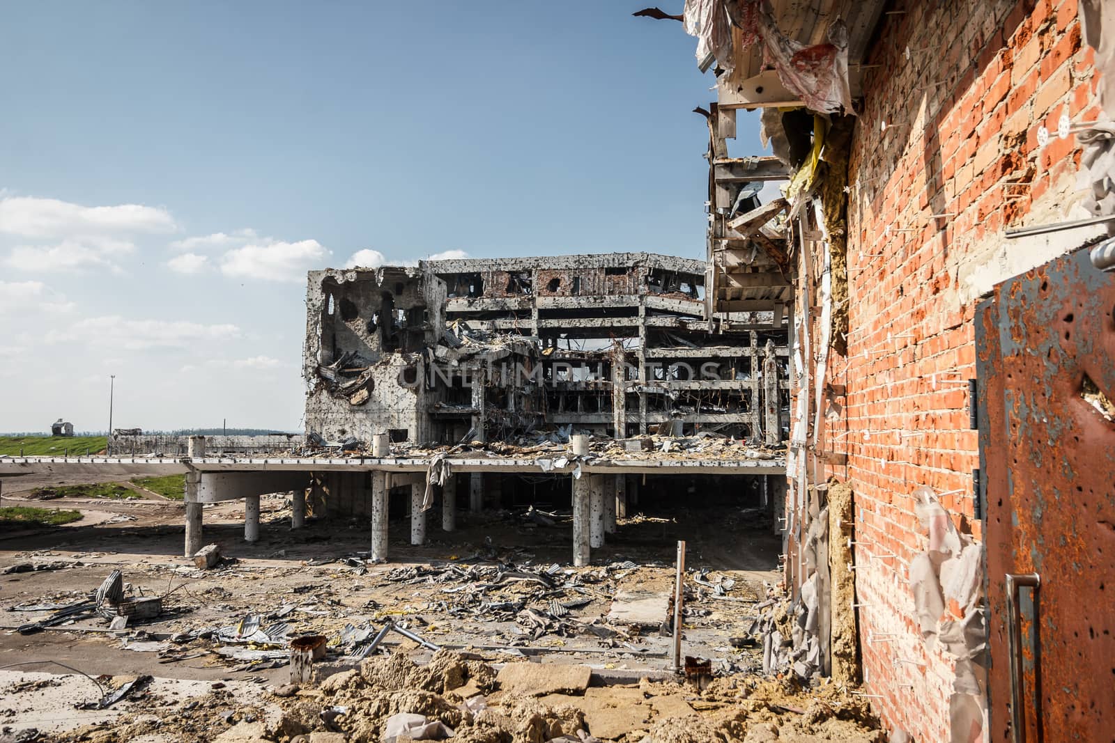 Wide Angle view of donetsk airport ruins after massive artillery shelling