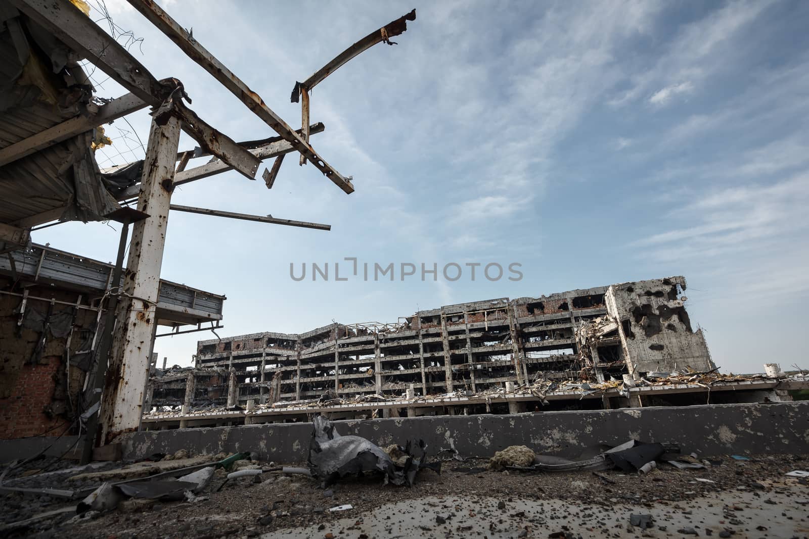 Wide Angle view of donetsk airport ruins after massive artillery shelling