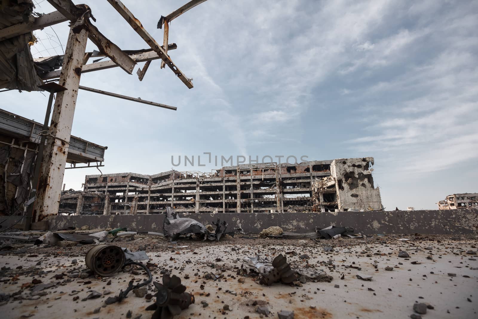 Wide angle view of donetsk airport ruins by mrakor