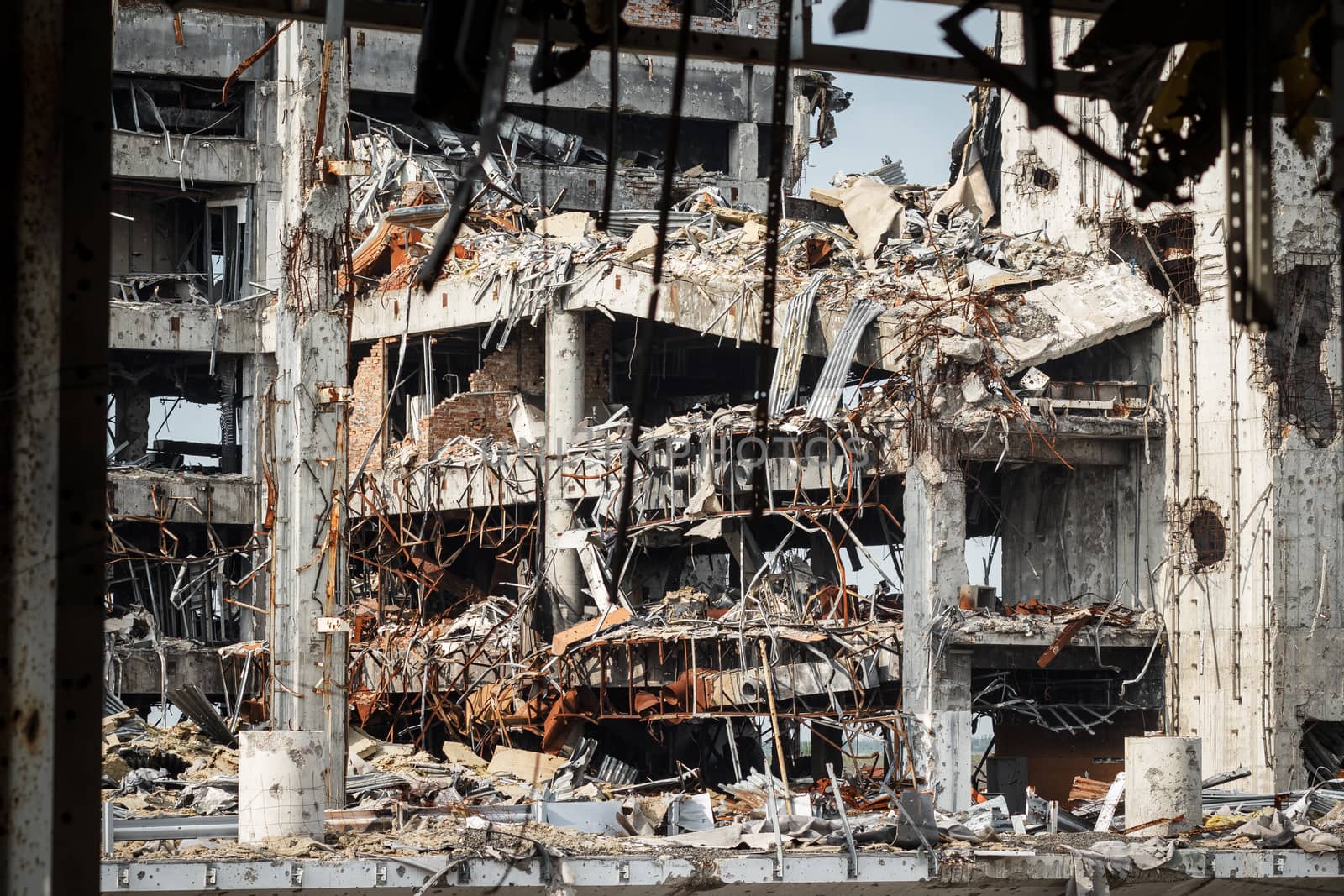 Detail view of donetsk airport ruins after massive artillery shelling