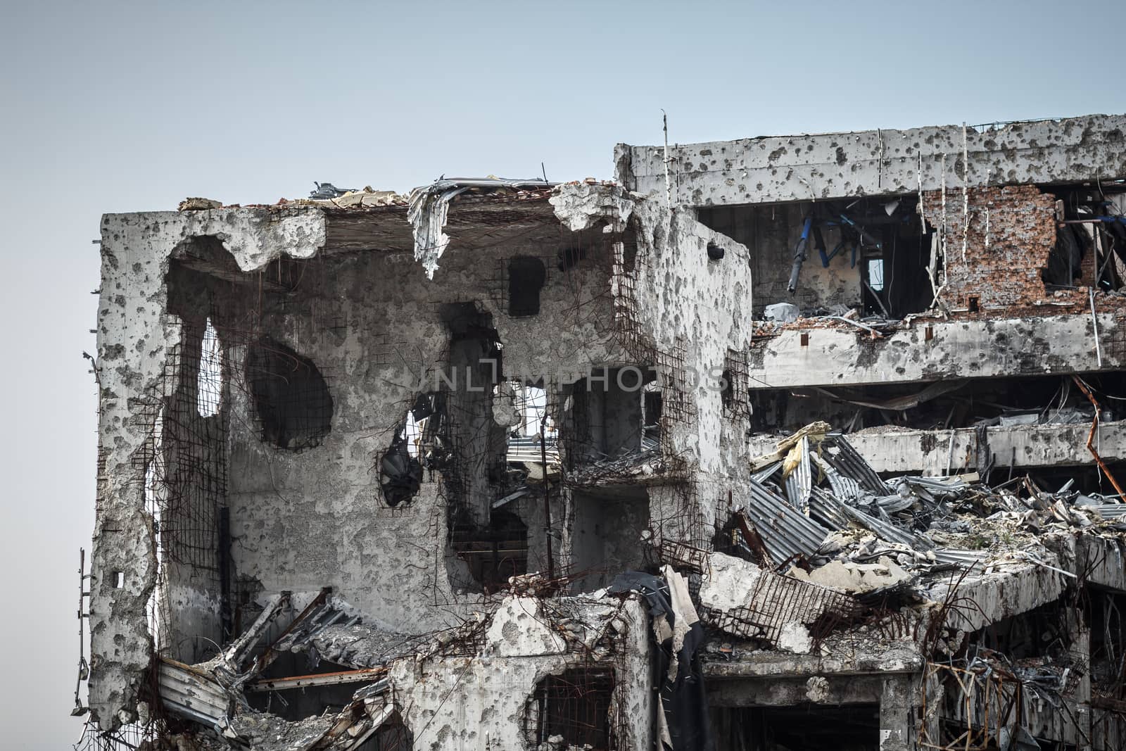 Detail view of donetsk airport ruins after massive artillery shelling