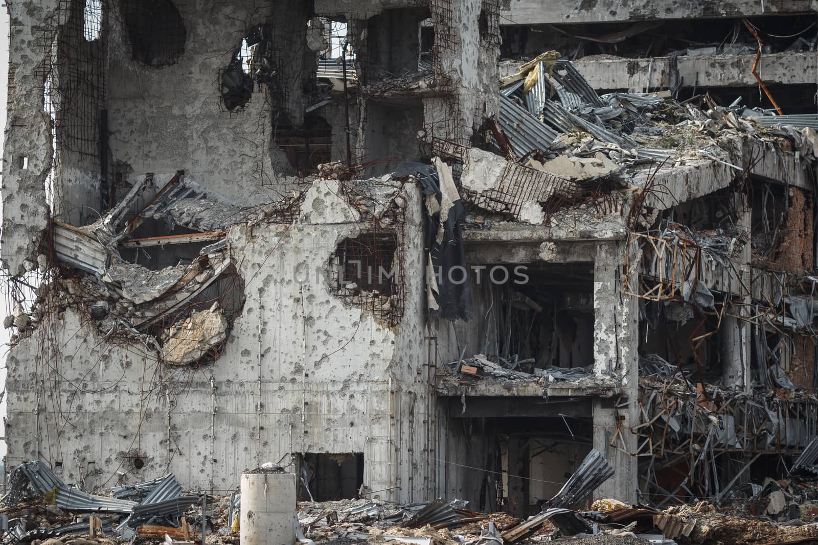 Detail view of donetsk airport ruins after massive artillery shelling