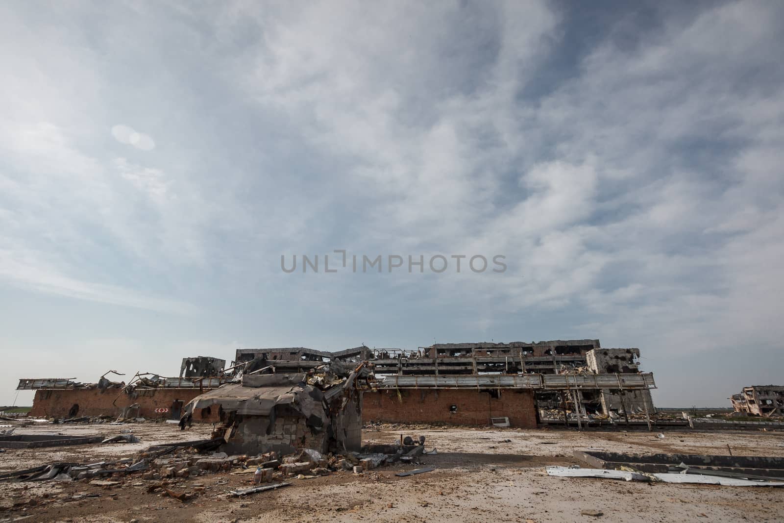 Wide angle view of donetsk airport ruins by mrakor