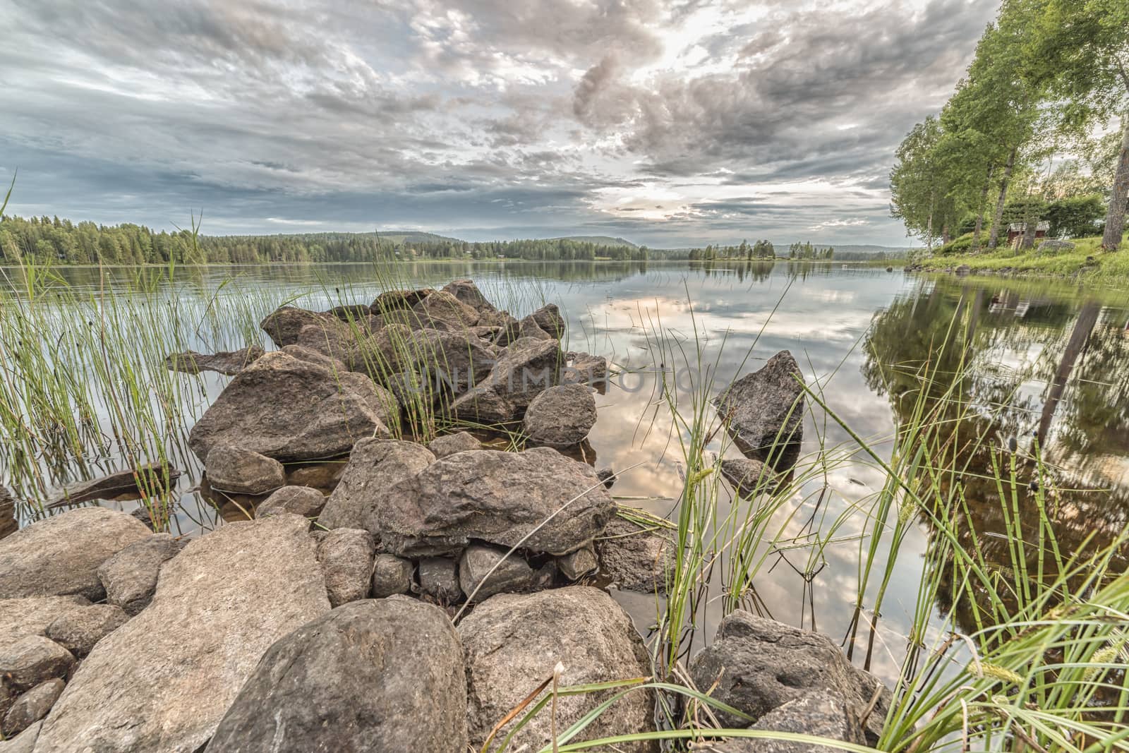 Lake with Rocks and Forest with a cloudy sky.
