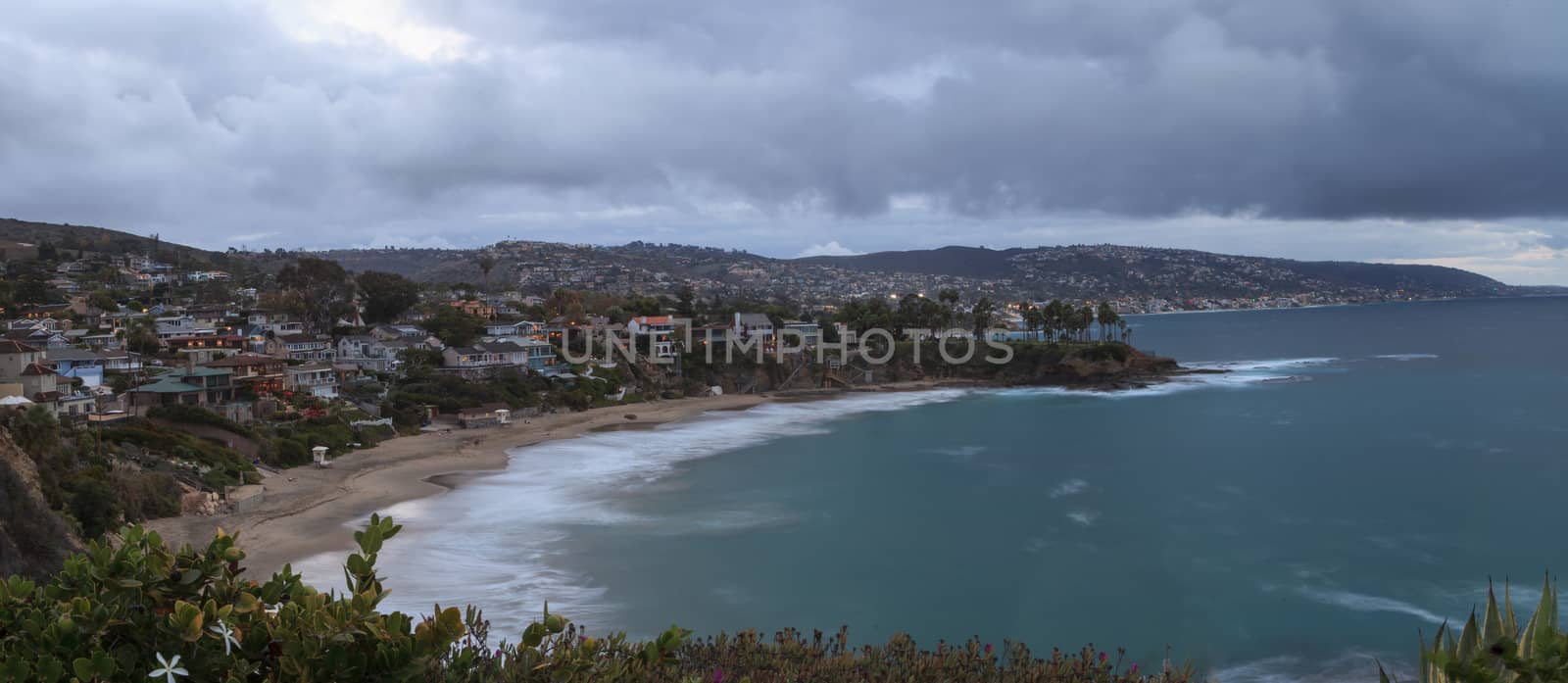 Rain clouds over Crescent Bay in the fall in Laguna Beach, California, United States