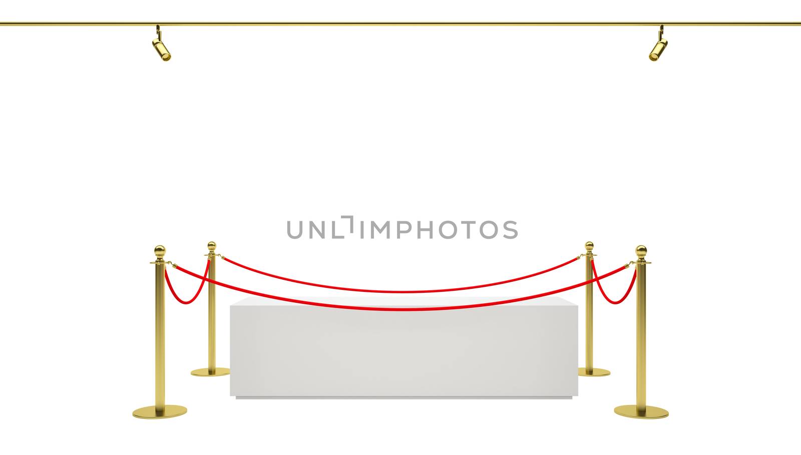 Empty showcase with tiled stand barriers for exhibit. Isolated white background. 3D illustration