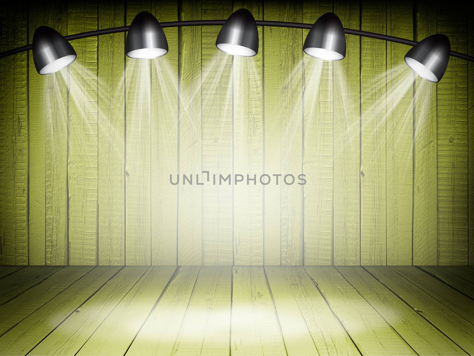 Illuminated empty concert stage with white light. 3D illustration