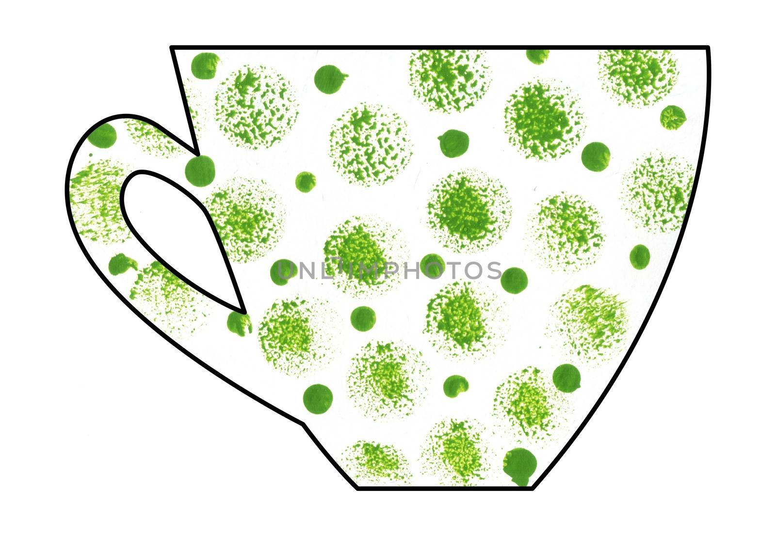 Cup of tea and coffee. Handmade. Watercolor, Mixed media. Cut paper. Tea time. Green spots on white