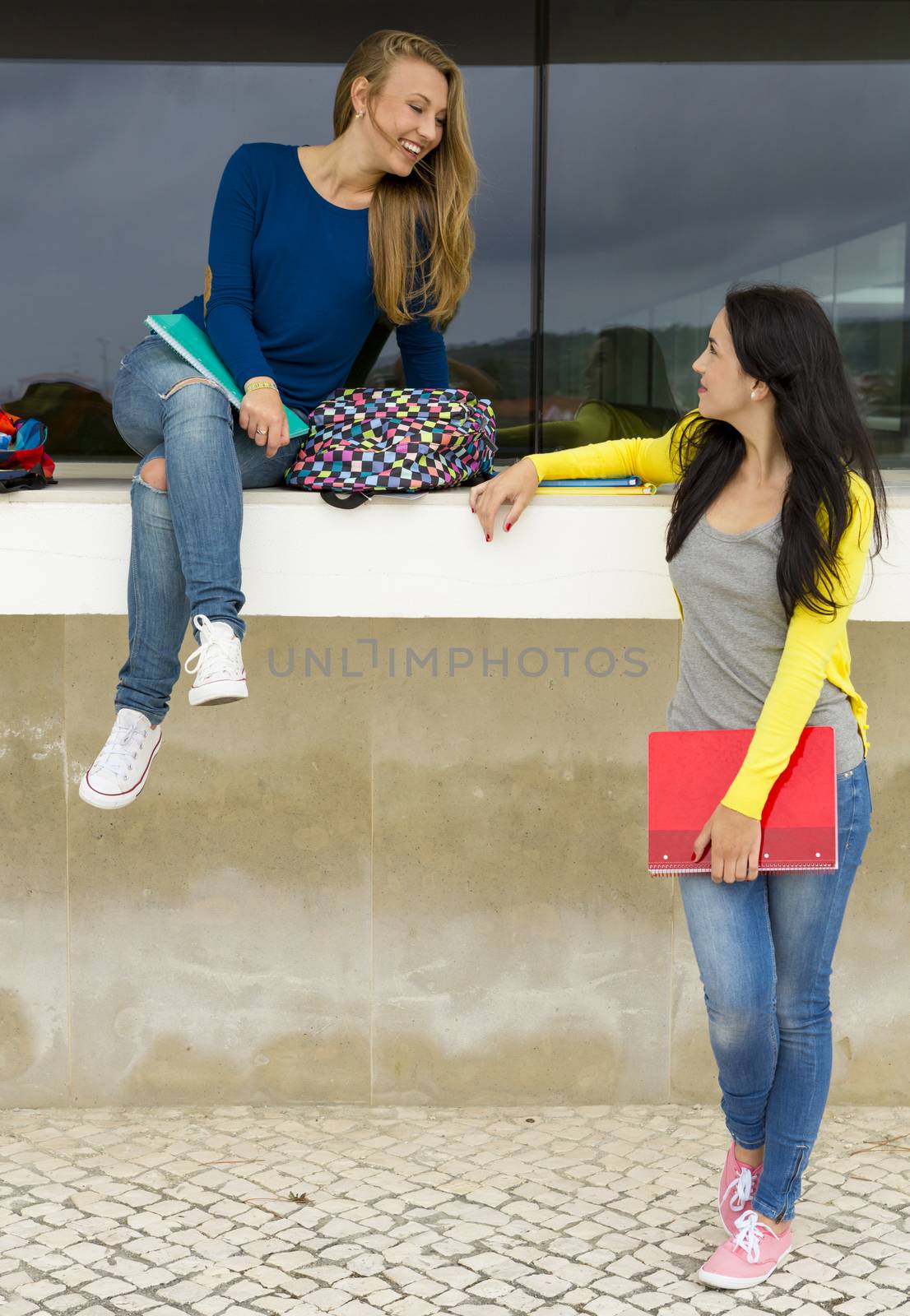 Two happy and beautiful teenage students in the school 