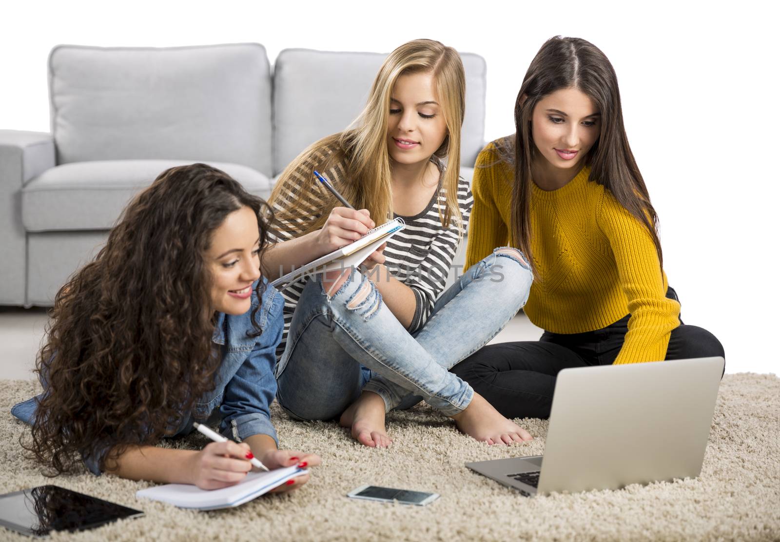 Happy teen girls studying at home with books and laptop