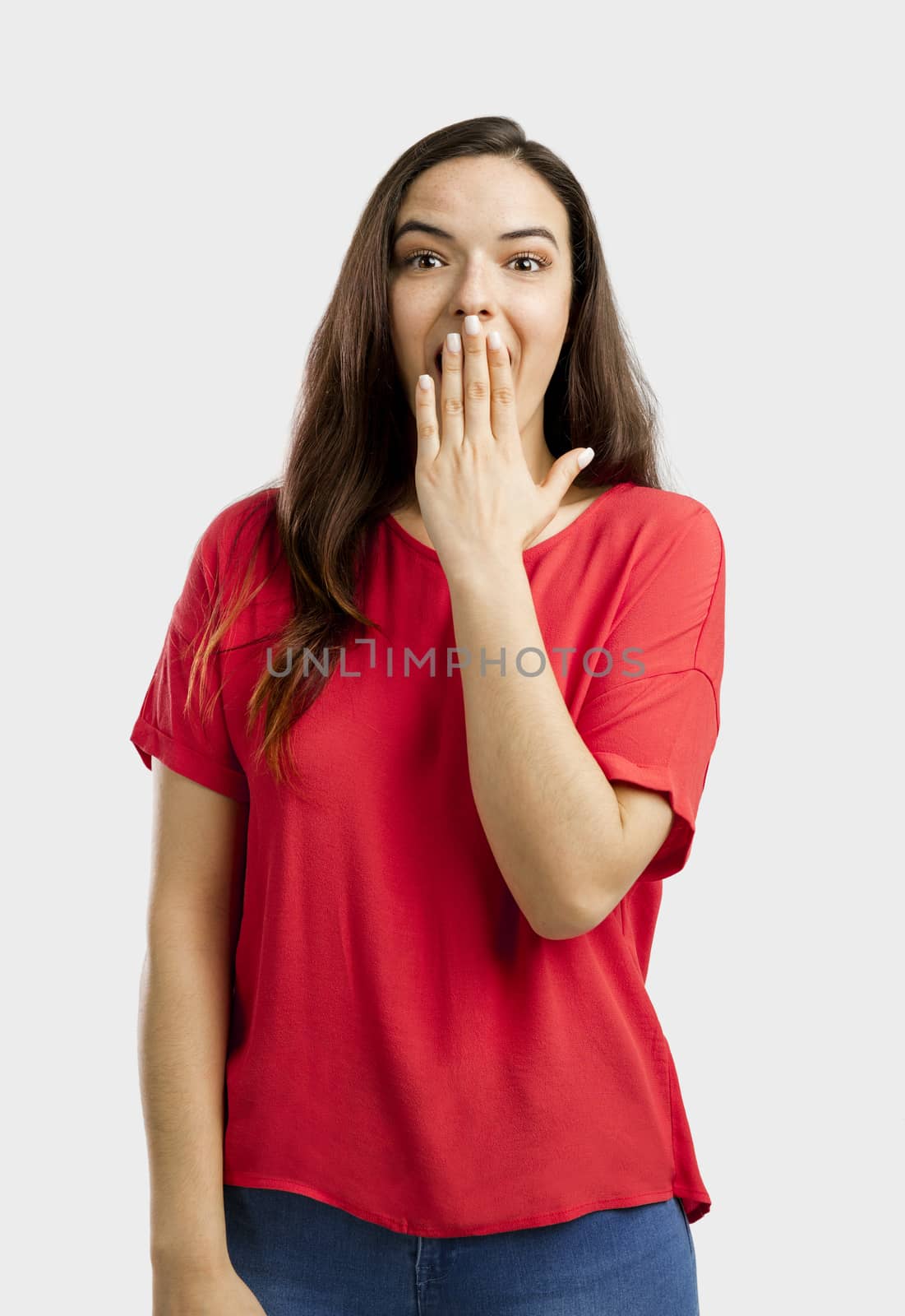 Portrait of a lovely woman with a astonished expression