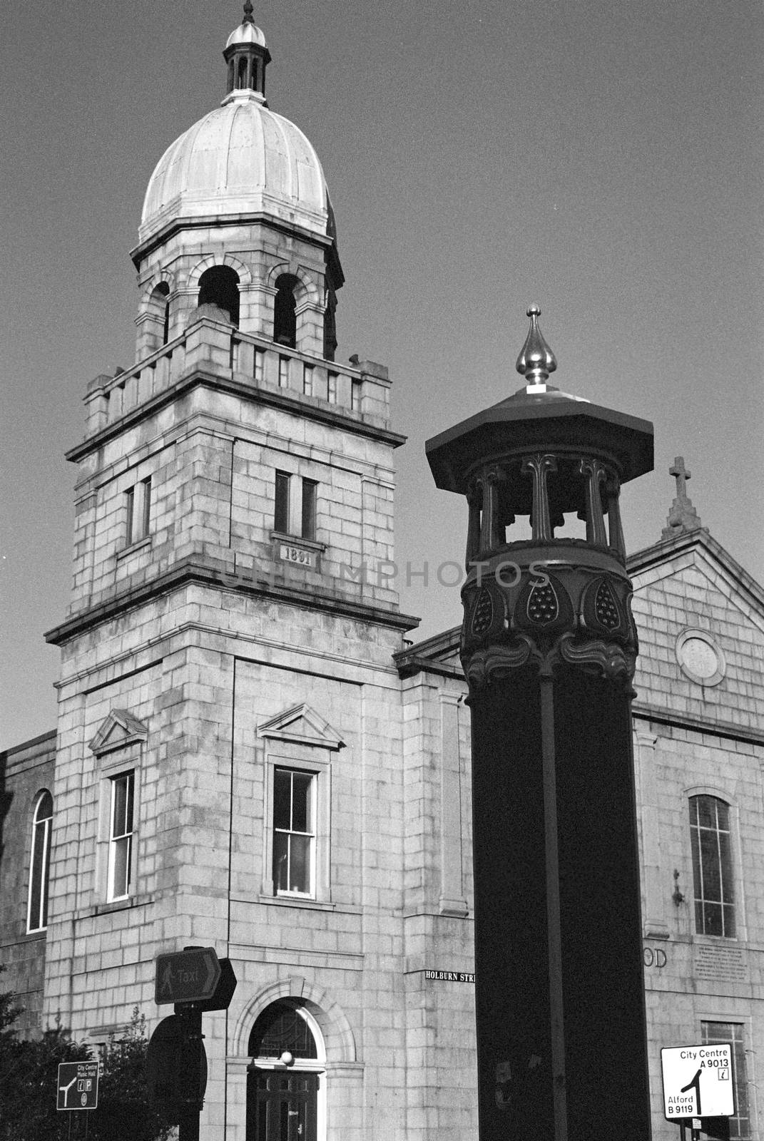 Black and white film photograph of a building in Aberdeen