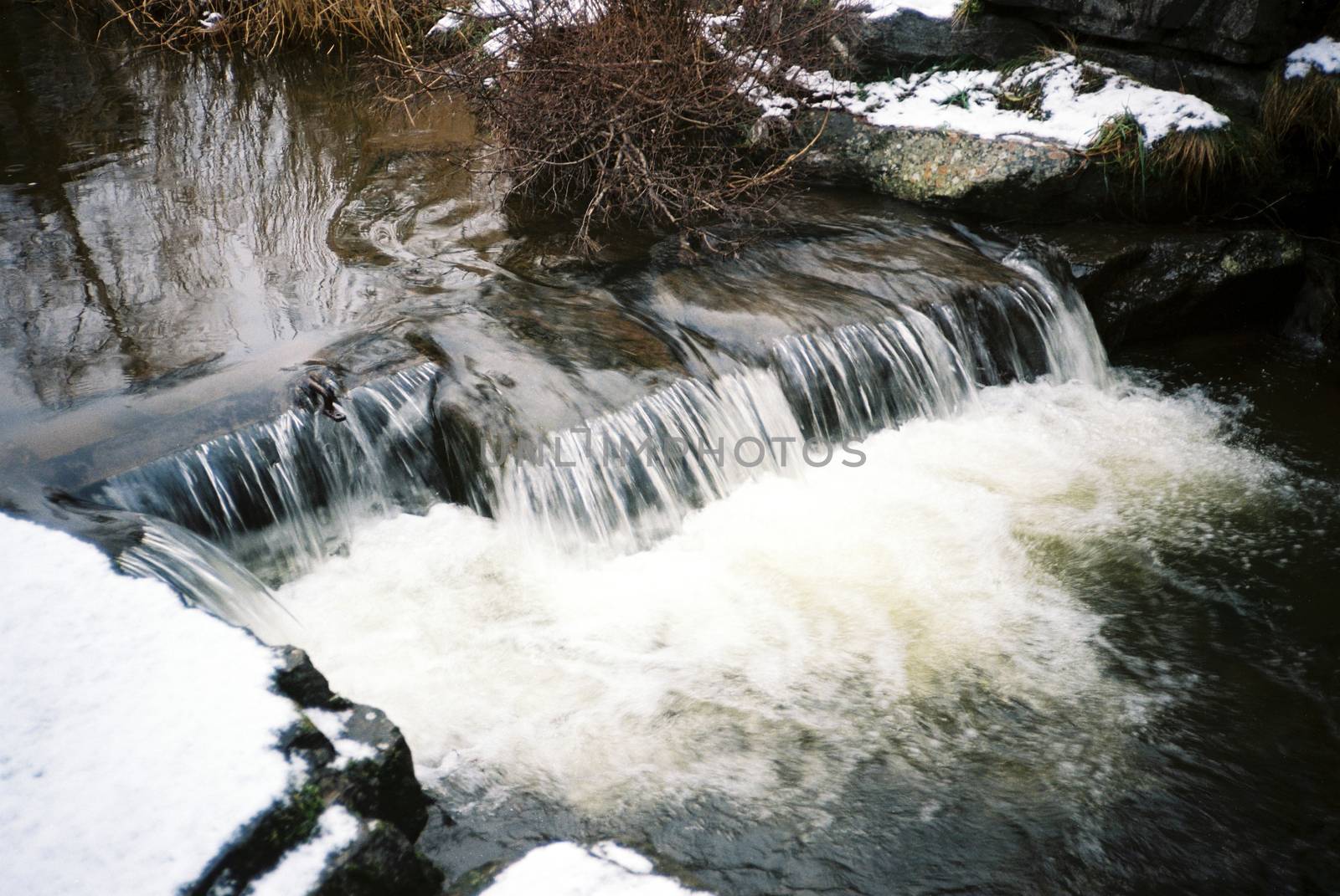 Color film image of small waterfall in Aviemore