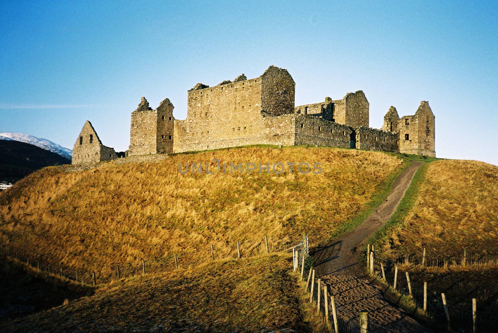 Color film image of castle in Kingussie
