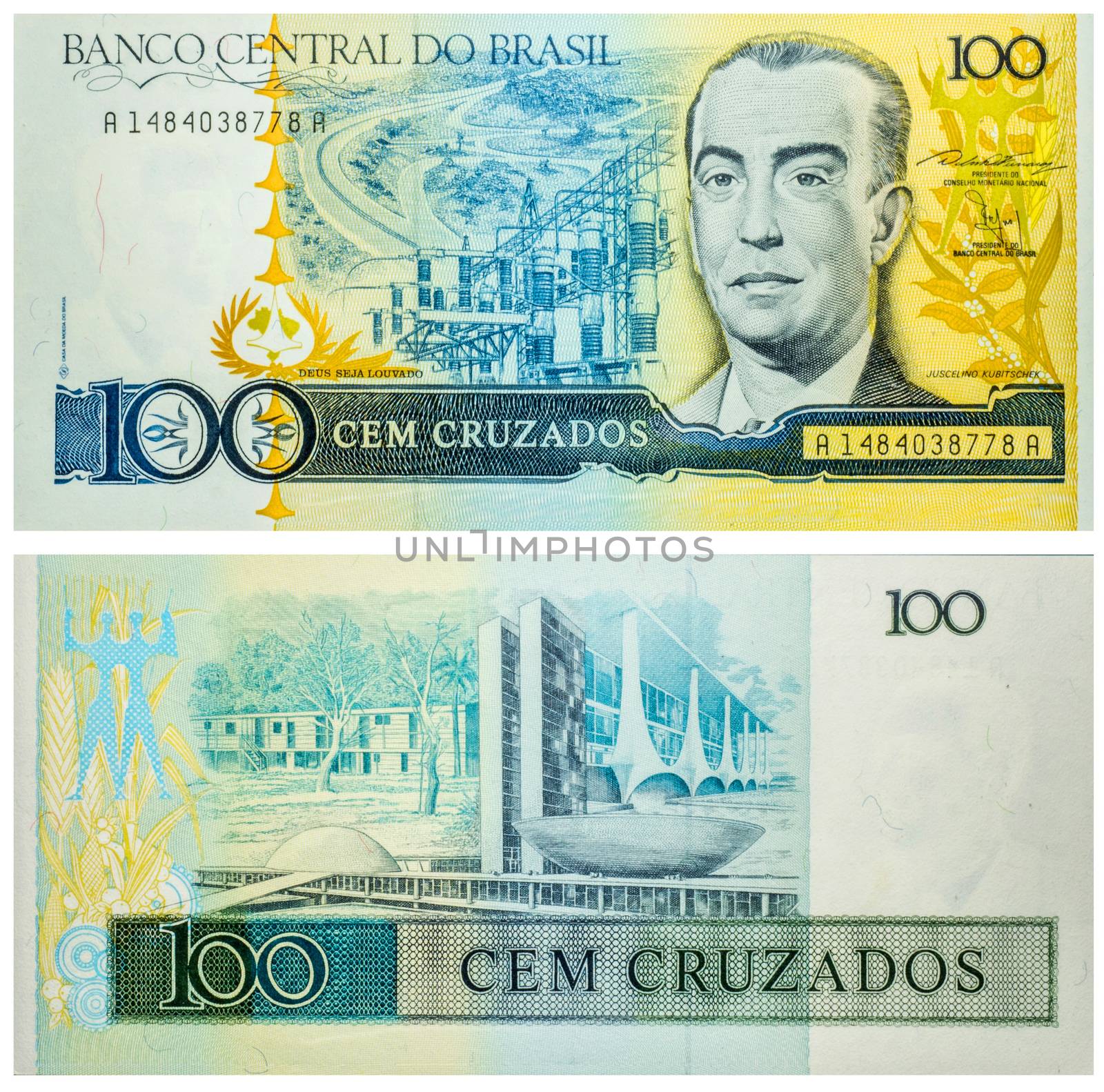 Banknote 100 Cruzados Brasil front and back isolated emitted on 1986. Electric power station on back, President Kubitschek