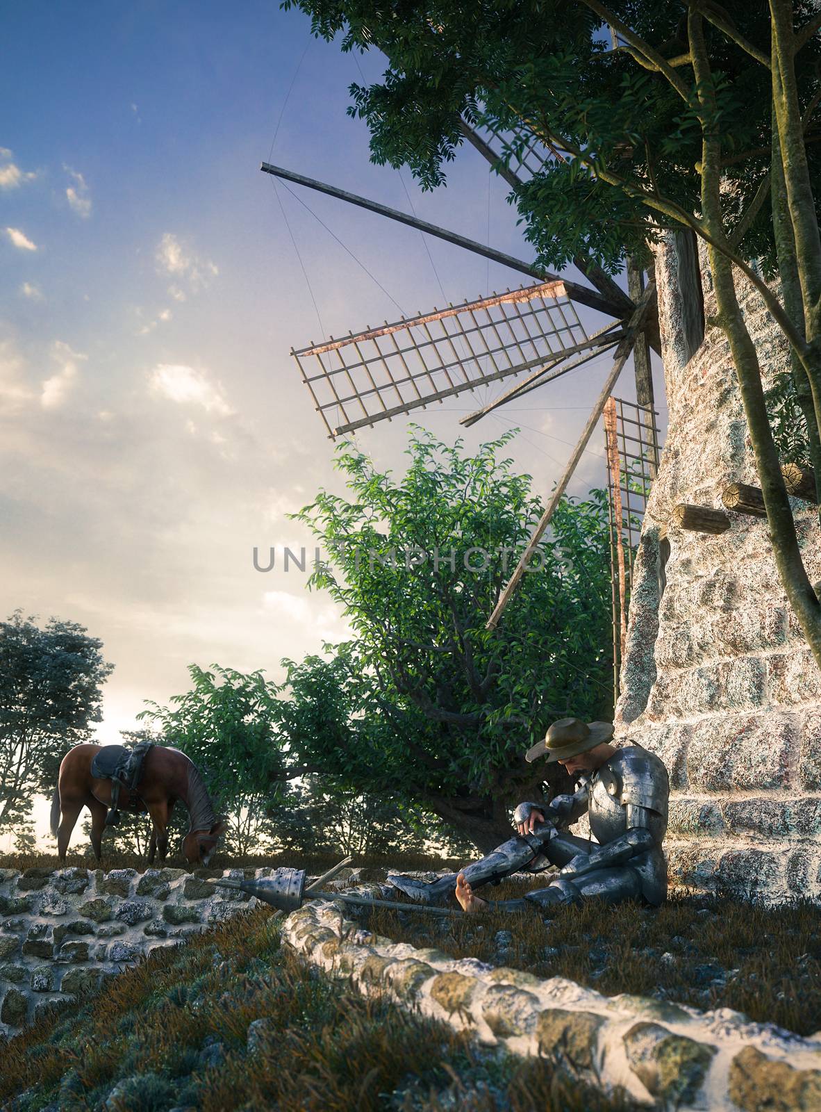 Don Quixote and windmill conception illustration 3d composition by denisgo