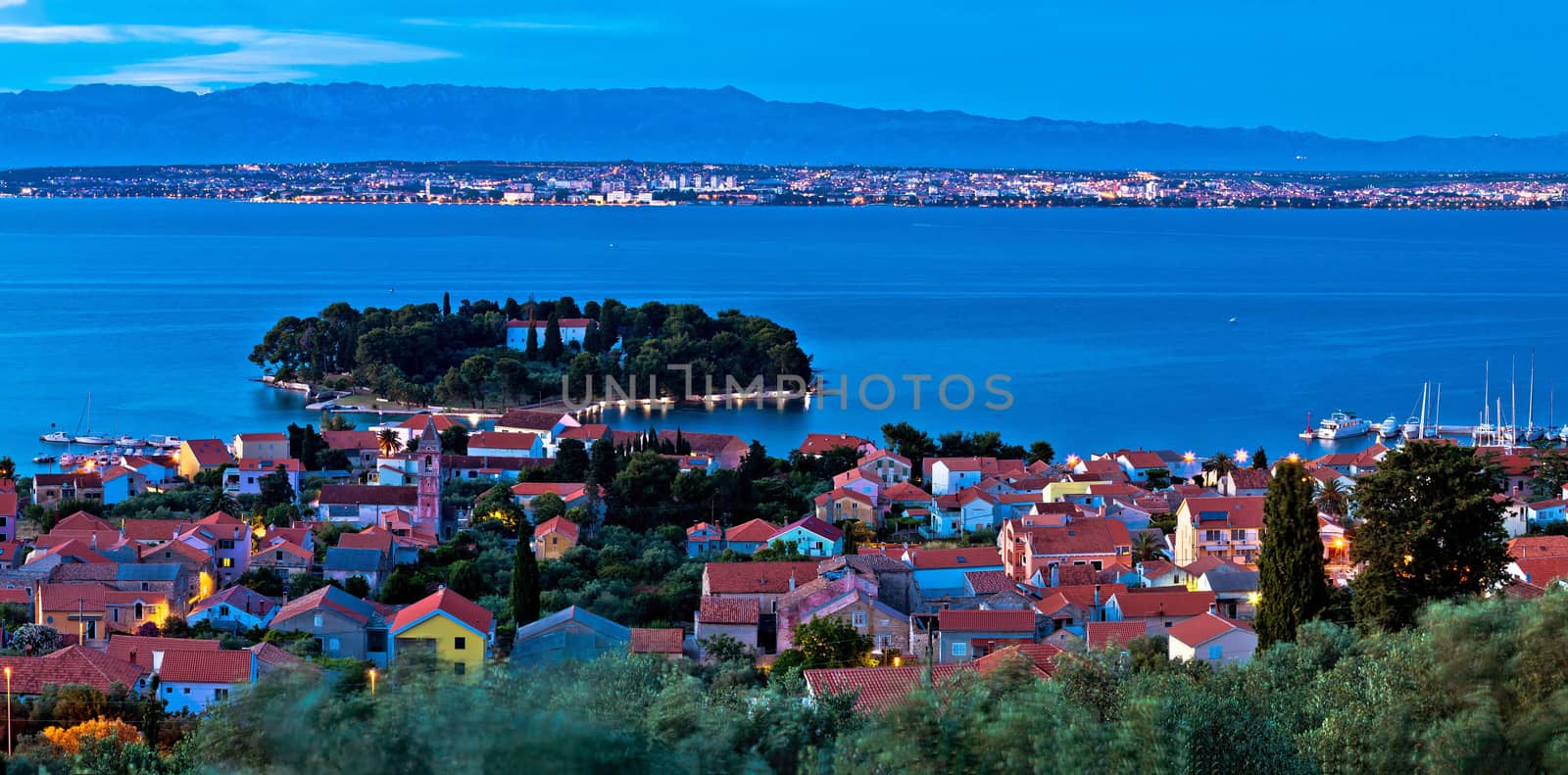 Island of Ugljan evening aerial panorama, Dalmatia, Croatia