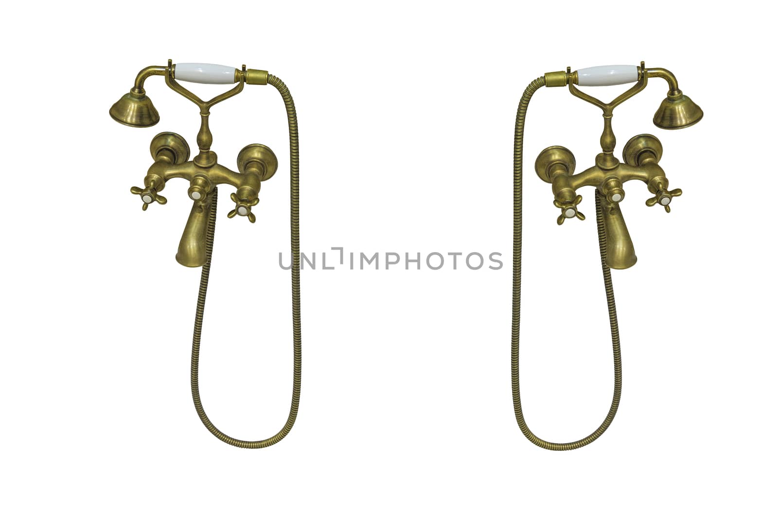 bathroom with shower and faucet made of brass in retro style