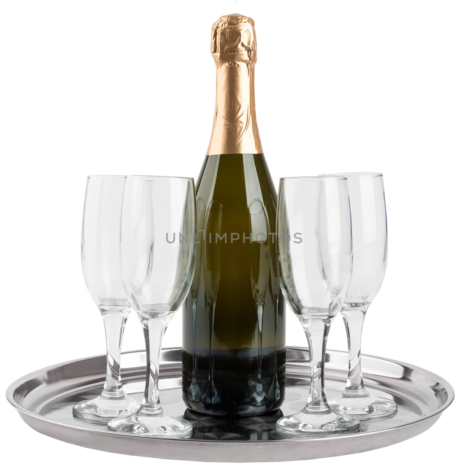 Champagne bottle and four champagne glasses on tray isolated on white background