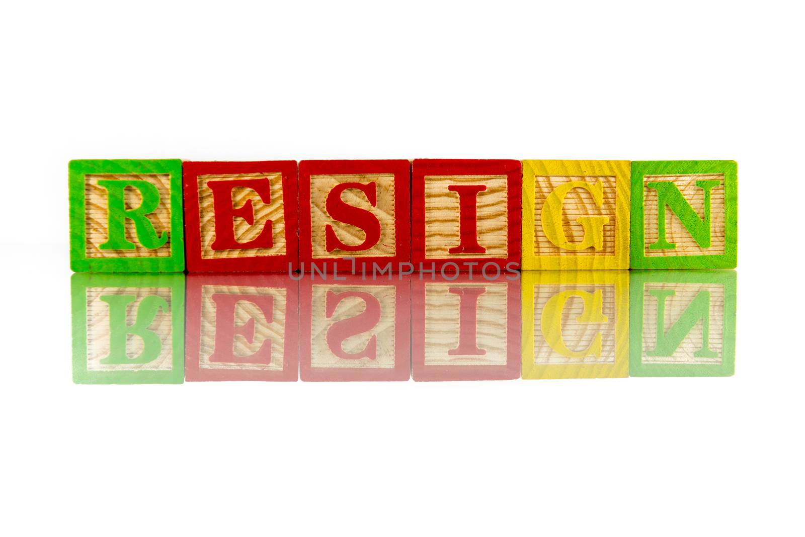 resign word reflection on white background