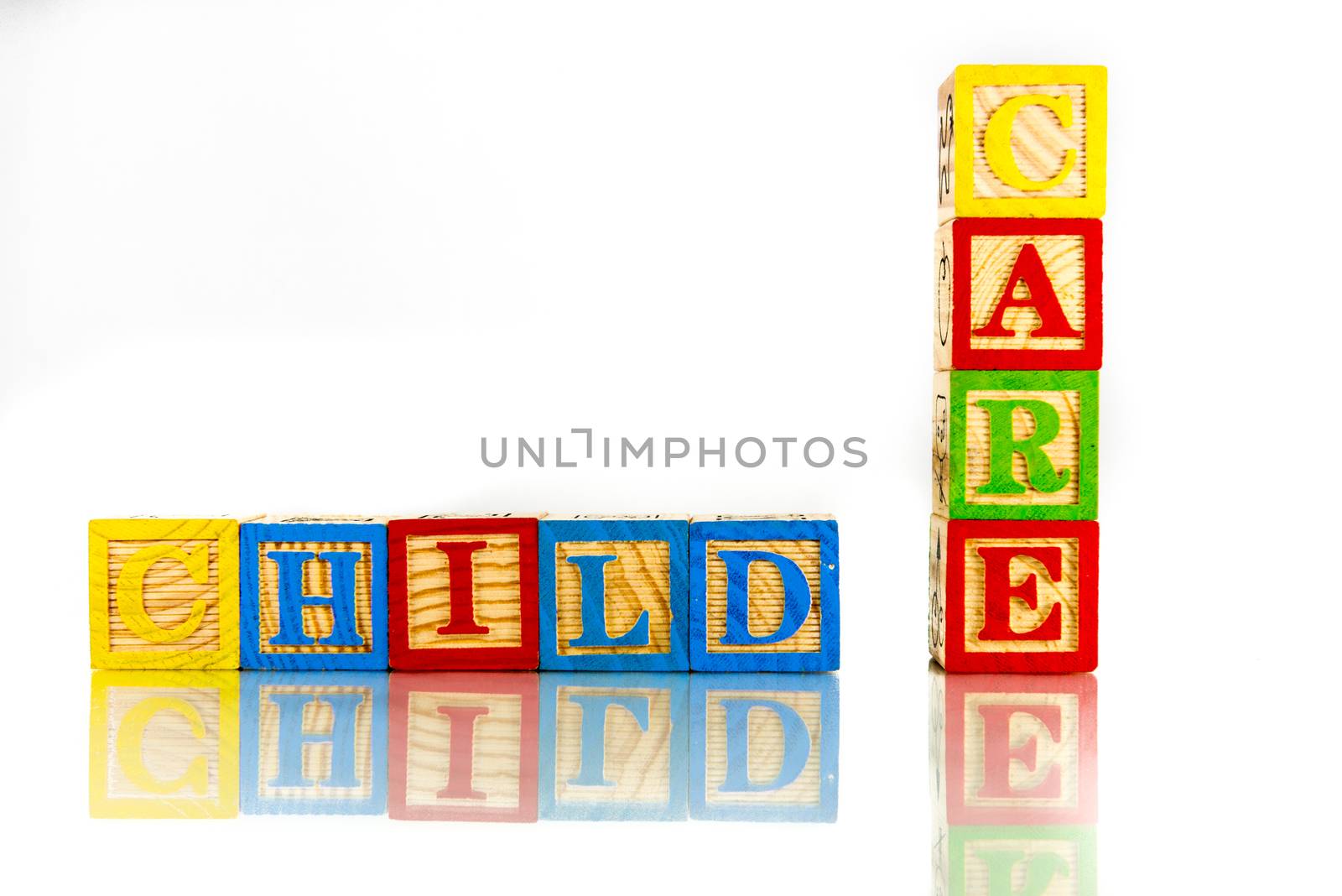 child care words reflection on white background