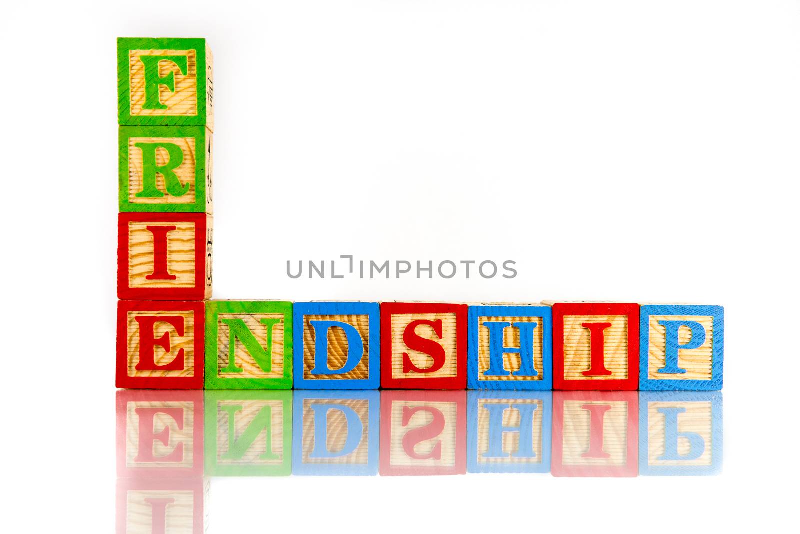 friendship word reflection on white background