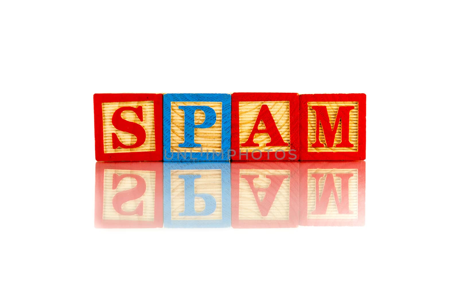 spam word reflection on white background