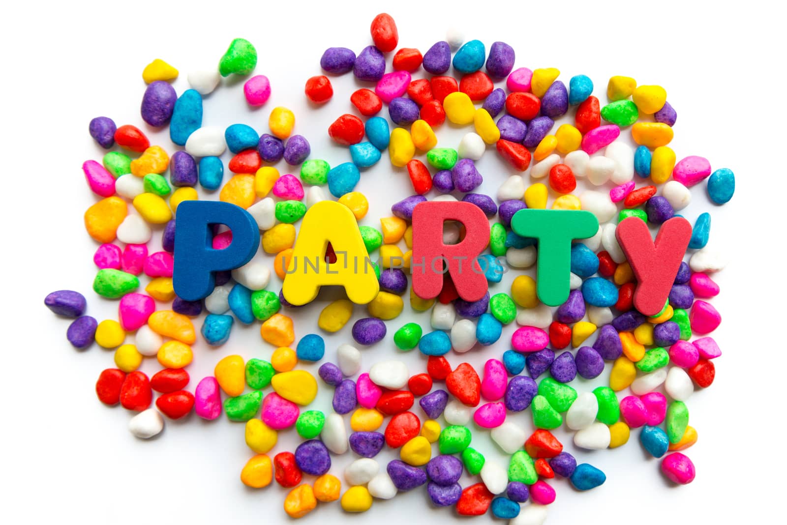 party word in colorful stone