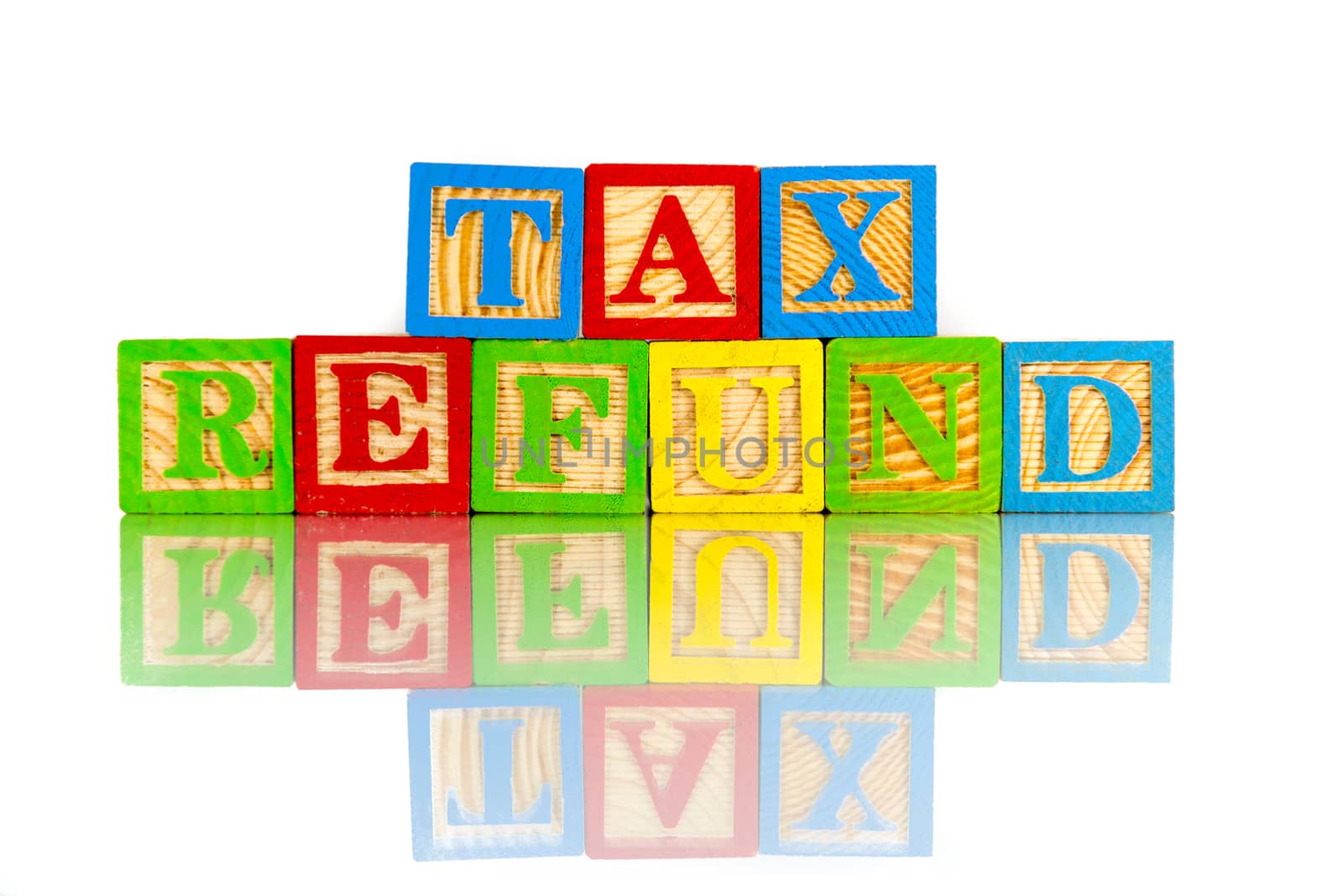 tax refund words reflection on white background