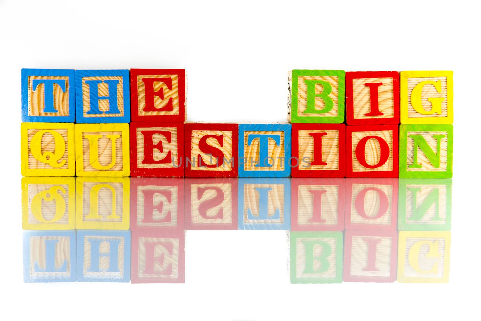 the big question words reflection on white background