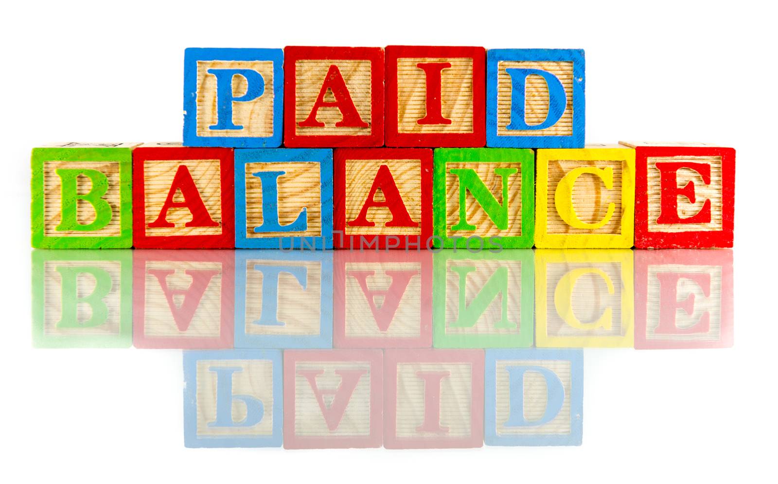 Paid balance words word reflection on white background