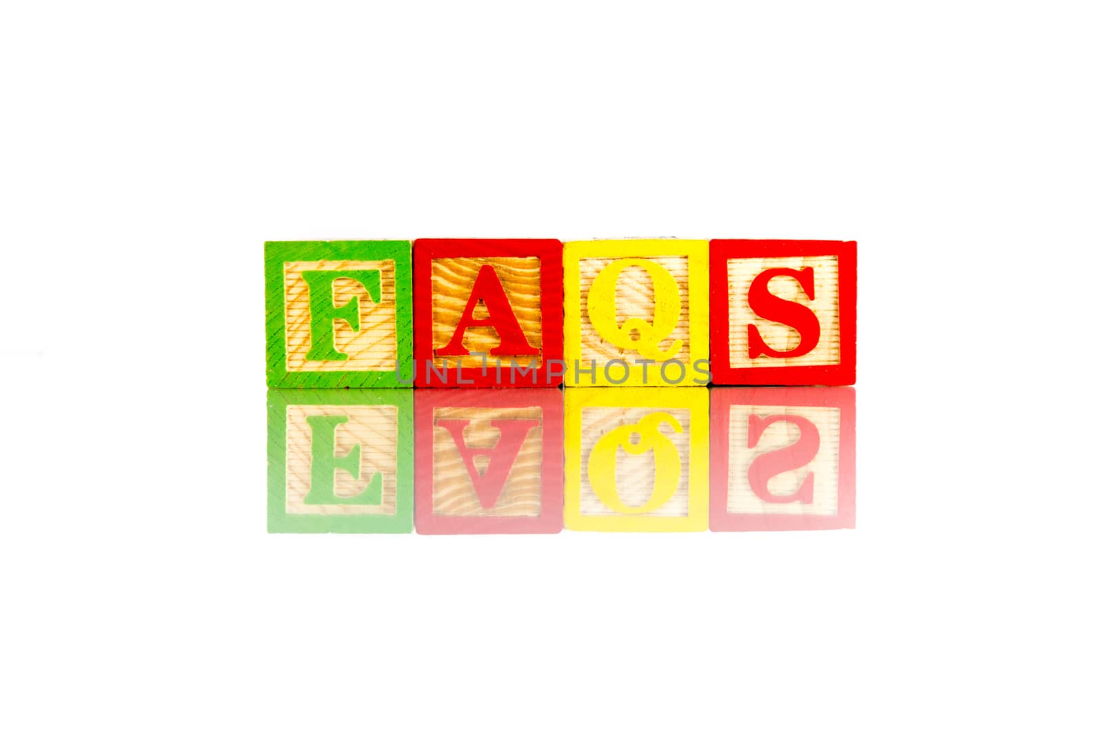 faqs word reflection on white background