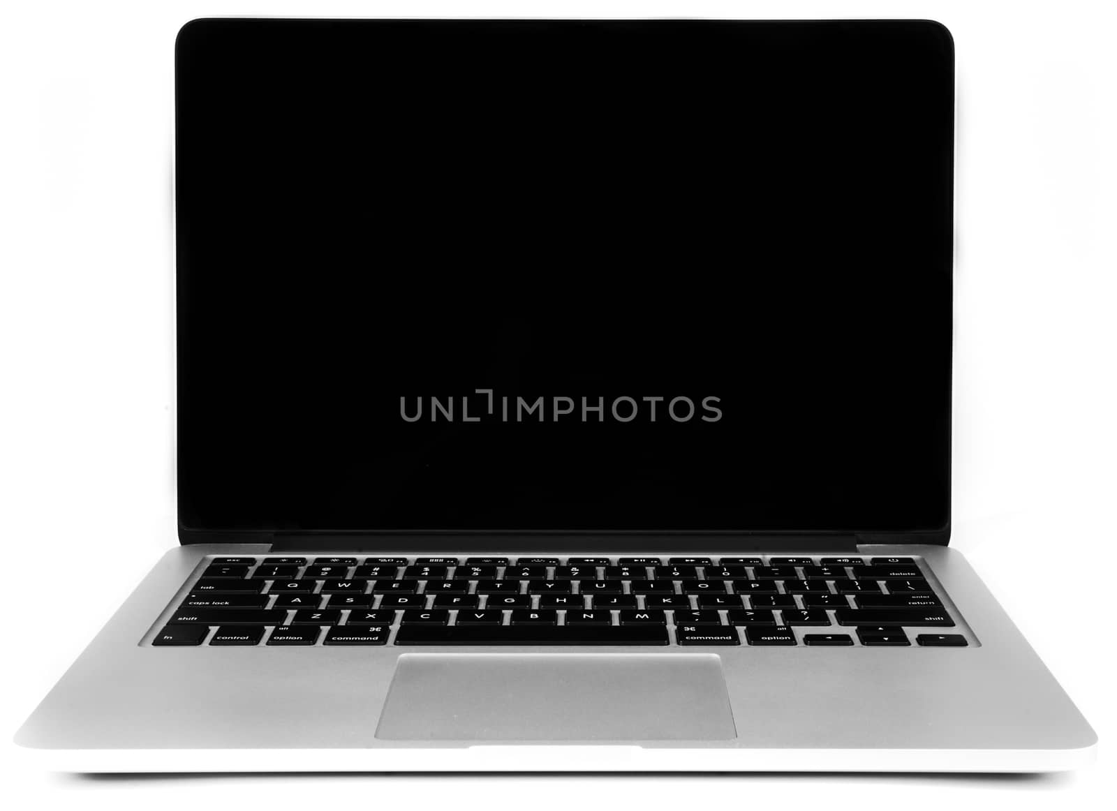 Gray portable computer with clipping path. Front view. Clipping path for the laptop and screen. Very large depth of field.