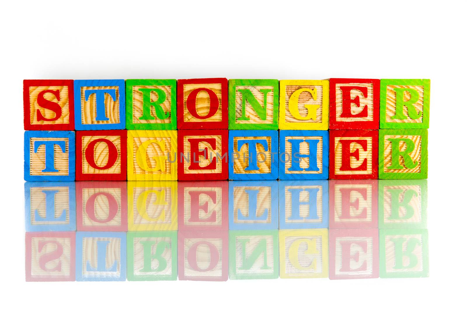 stronger together words reflection on white background
