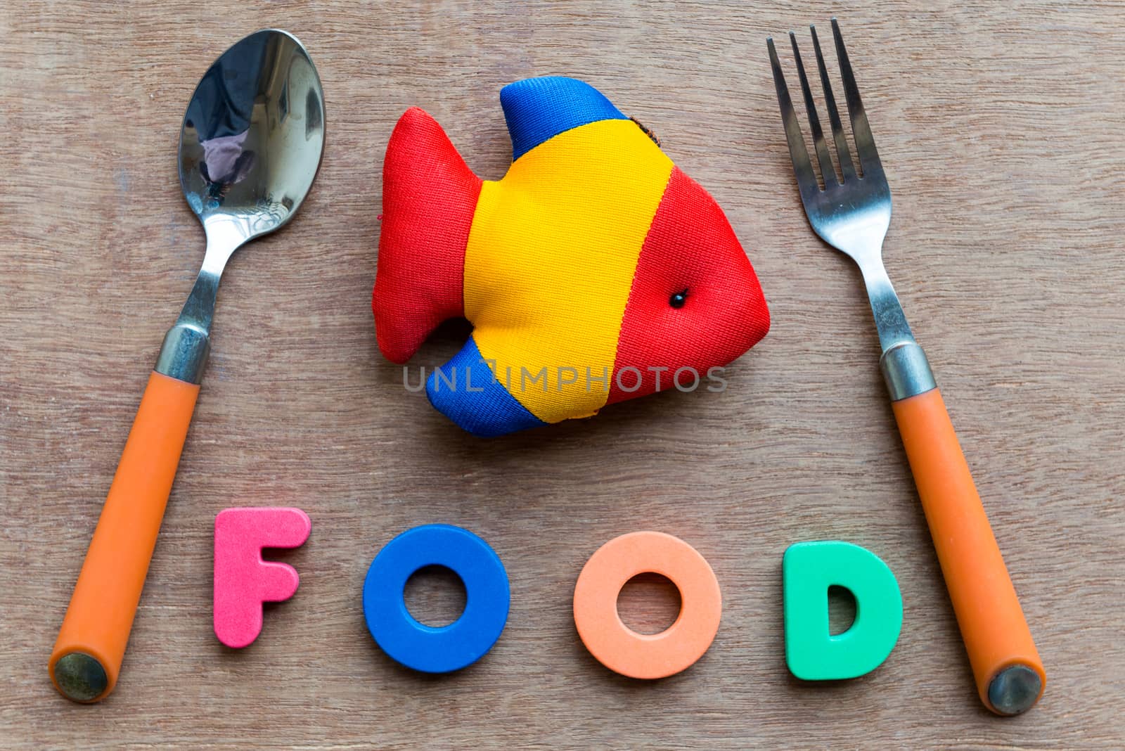 food colorful word on the wooden background