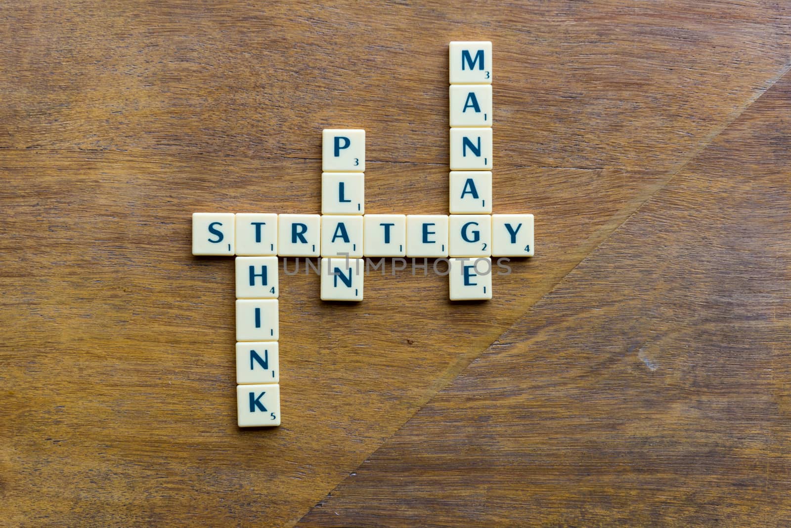 Strategy plan Crossword blocks on the wooden background