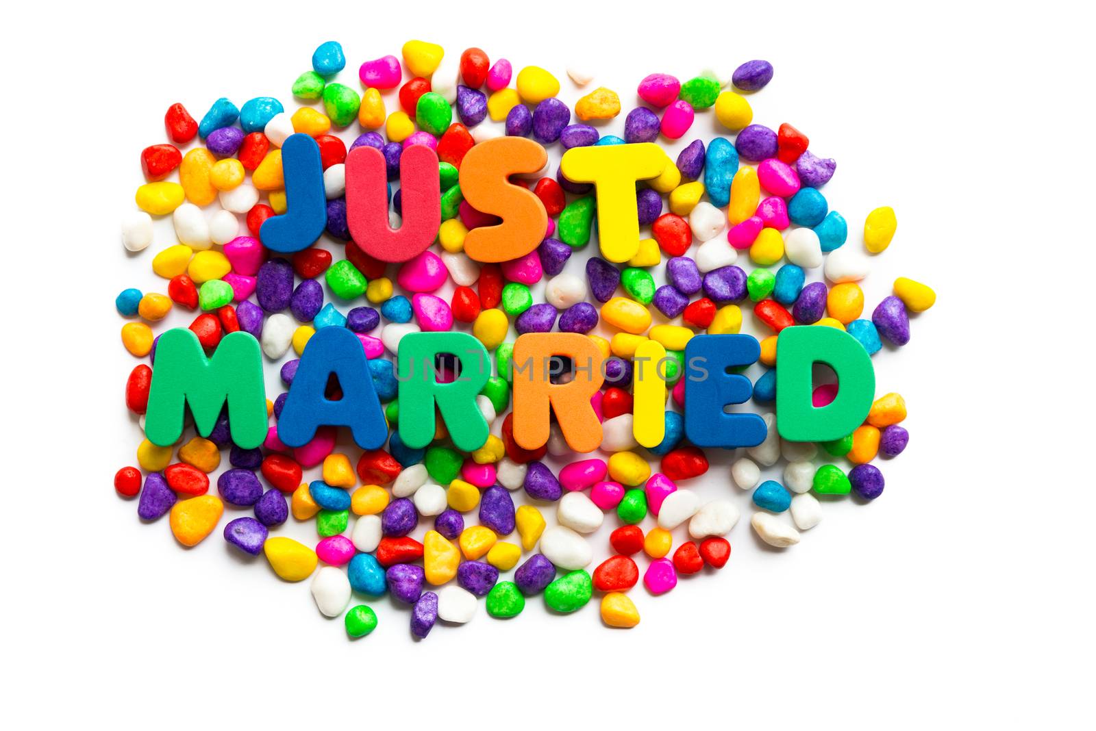 Just Married words on the colorful stone and white background