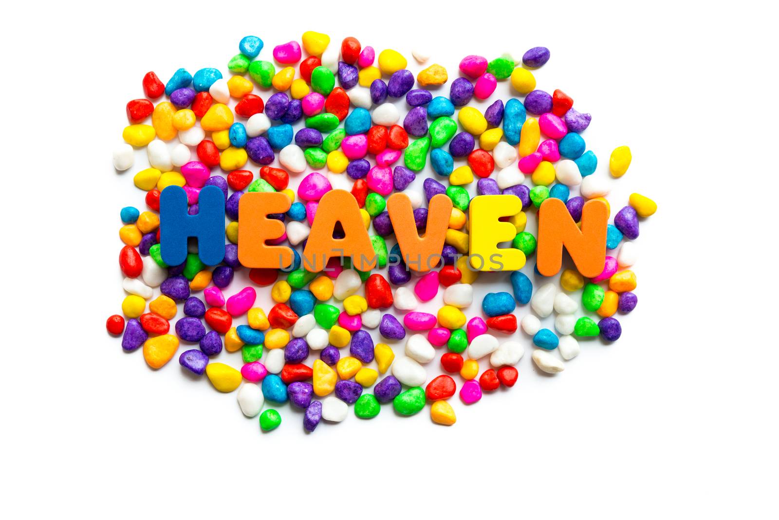 heaven words on the colorful stone and white background