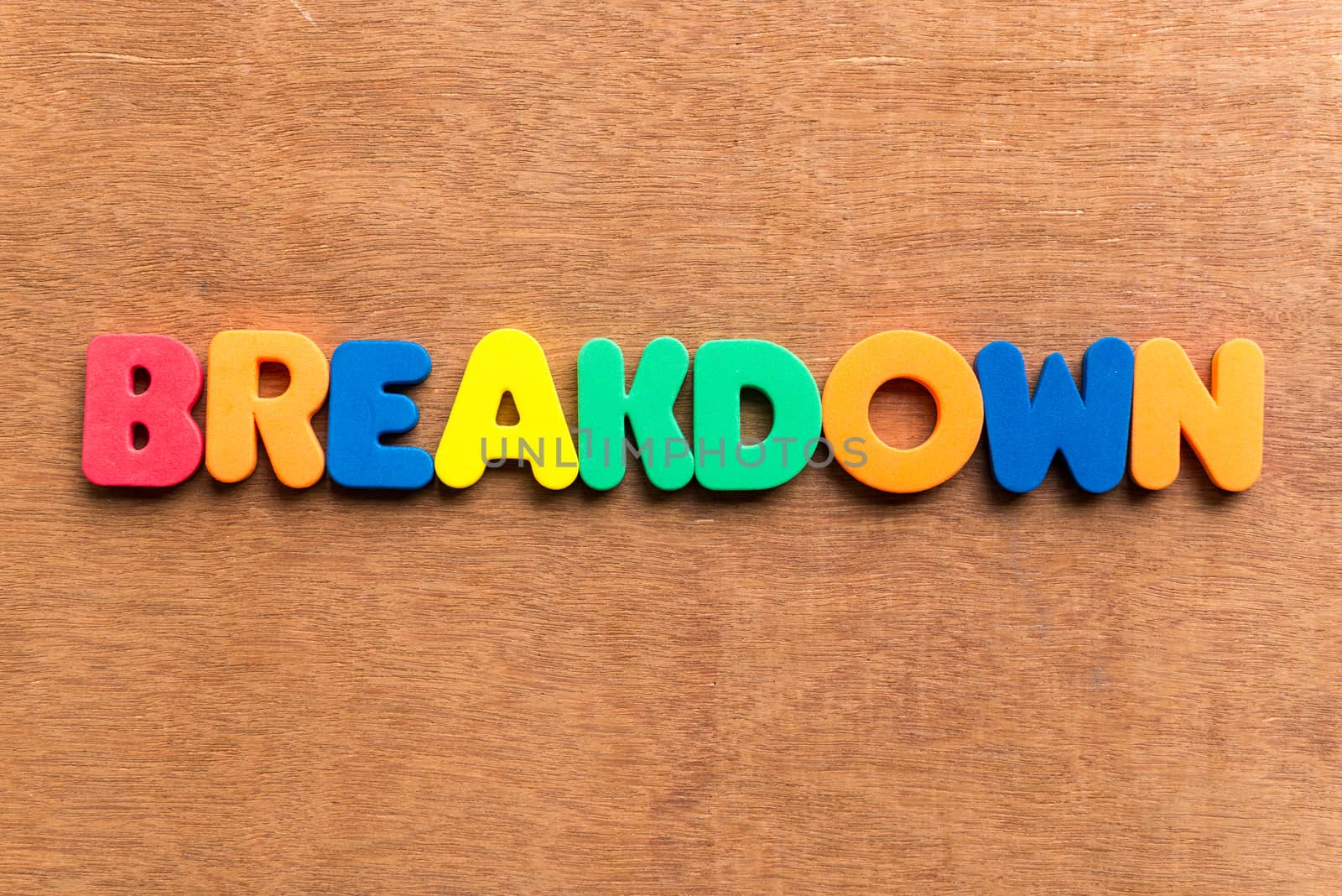 breakdown colorful word on the wooden background