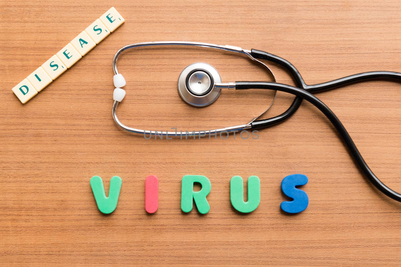 Virus word on the wooden background