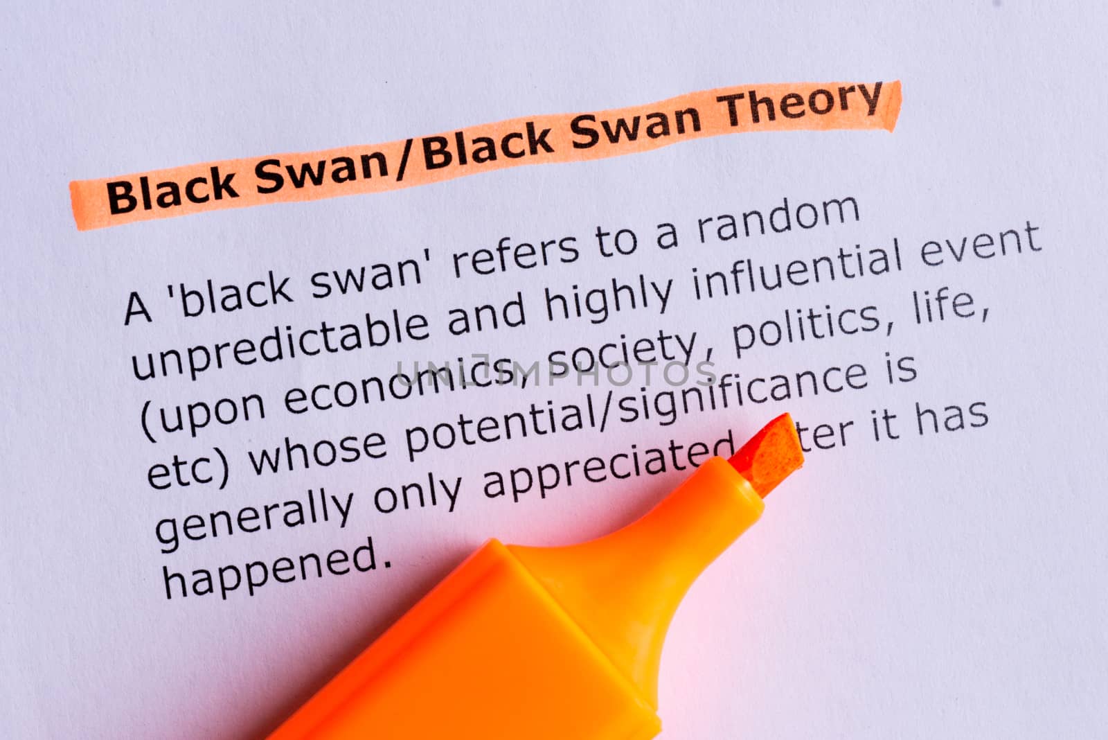 black swan word highlighted on the white paper