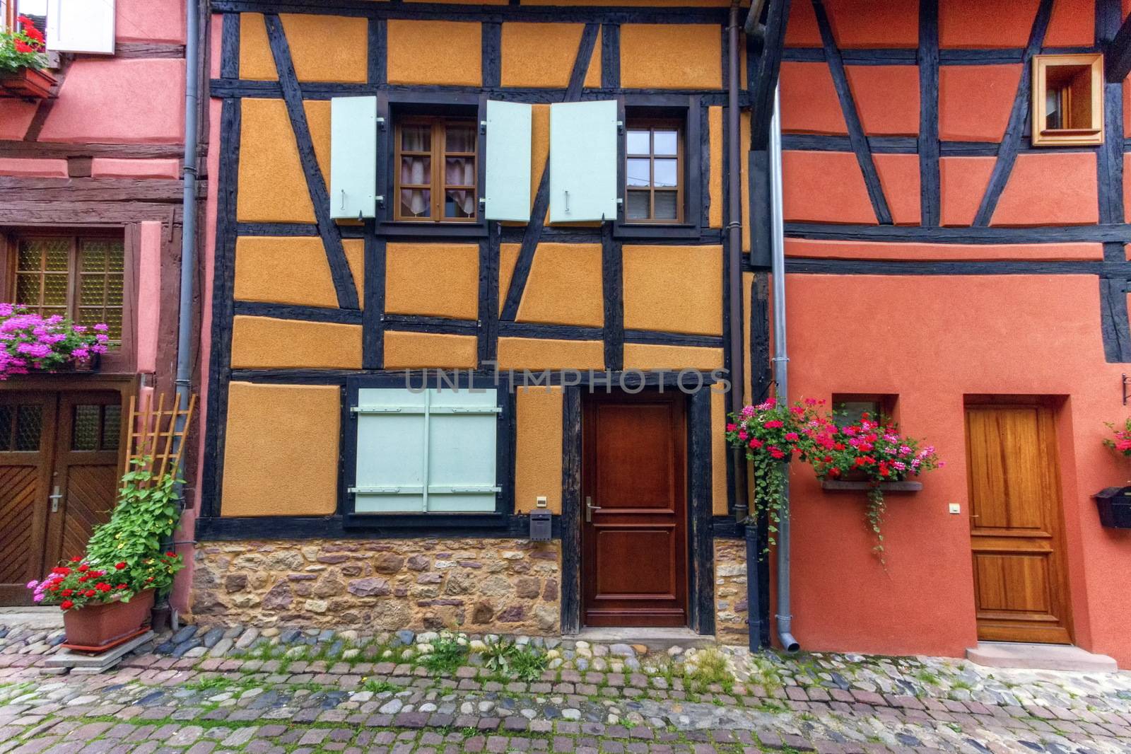 Traditional colorful timbered houses in Eguisheim street, Alsace, France