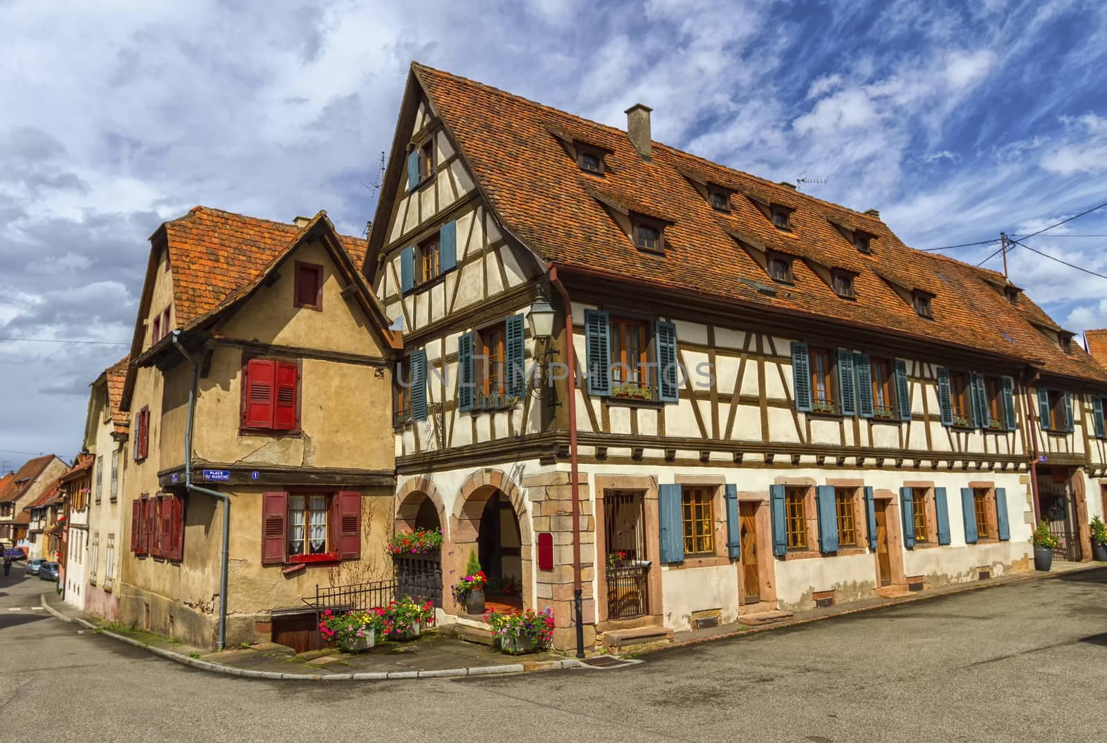 Traditional timbered houses in Dambach-la-ville, Alsace, France by Elenaphotos21